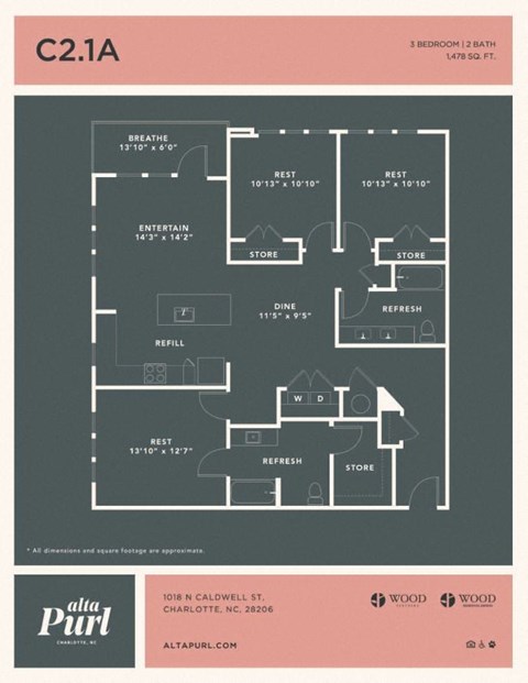 Floor plan for 3 beds, 2 baths, 1478 sqft